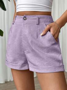 Muchica High Waist Roll Up Hem Shorts - Purple - View 3