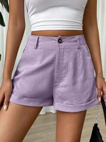 Muchica High Waist Roll Up Hem Shorts - Purple - View 4