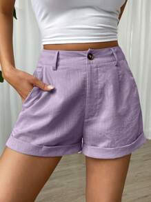 Muchica High Waist Roll Up Hem Shorts - Purple - View 5