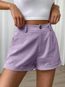Muchica High Waist Roll Up Hem Shorts - Purple - View 6