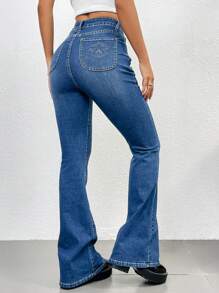 SHEIN Essnce Embroidery Detail Flare Leg Jeans - Light Wash - View 1