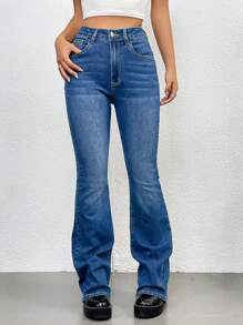 SHEIN Essnce Embroidery Detail Flare Leg Jeans - Light Wash - View 2