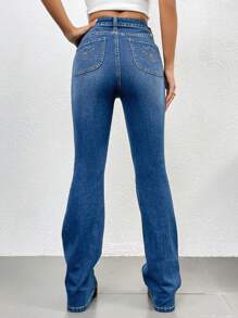 SHEIN Essnce Embroidery Detail Flare Leg Jeans - Light Wash - View 3