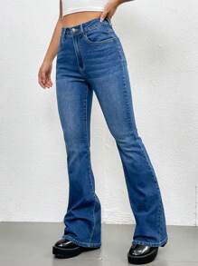 SHEIN Essnce Embroidery Detail Flare Leg Jeans - Light Wash - View 4