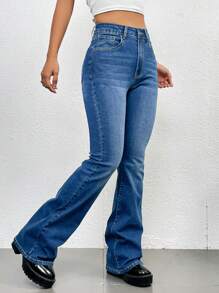 SHEIN Essnce Embroidery Detail Flare Leg Jeans - Light Wash - View 6