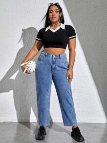 SHEIN EZwear 鈕扣 口袋 拉鍊純色大碼牛仔褲 - 淺色水洗藍 - 查看 1