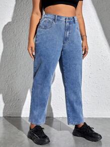 SHEIN EZwear 鈕扣 口袋 拉鍊純色大碼牛仔褲 - 淺色水洗藍 - 查看 3