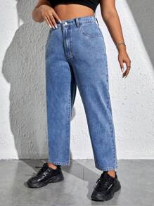 SHEIN EZwear 鈕扣 口袋 拉鍊純色大碼牛仔褲 - 淺色水洗藍 - 查看 4