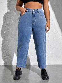 SHEIN EZwear 鈕扣 口袋 拉鍊純色大碼牛仔褲 - 淺色水洗藍 - 查看 5