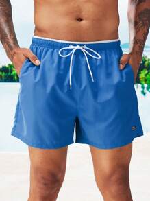 Manfinity Swimmode 男式字母图案抽绳腰泳裤，夏威夷风 - 寶藍色 - 查看 5