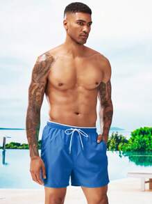 Manfinity Swimmode 男式字母图案抽绳腰泳裤，夏威夷风 - 寶藍色 - 查看 6