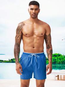 Manfinity Swimmode 男式字母图案抽绳腰泳裤，夏威夷风 - 寶藍色 - 查看 7