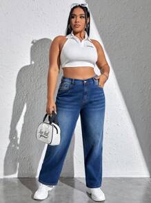 SHEIN EZwear 大碼高腰直筒牛仔褲 - 深色水洗藍 - 查看 1