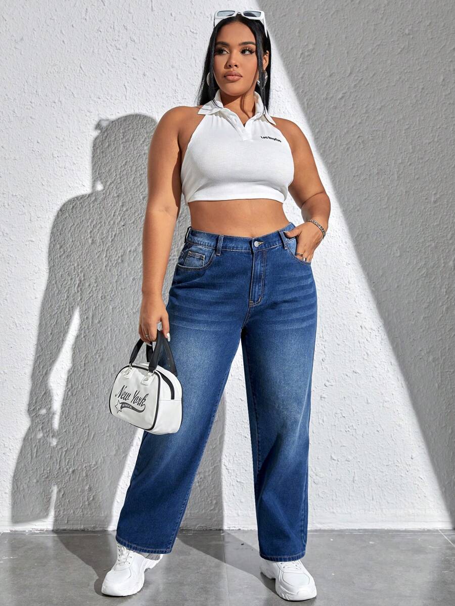 SHEIN EZwear 大碼高腰直筒牛仔褲 - 深色水洗藍 - 查看 1