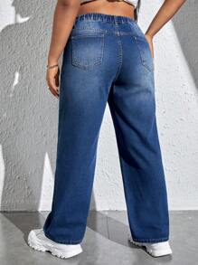 SHEIN EZwear 大碼高腰直筒牛仔褲 - 深色水洗藍 - 查看 2