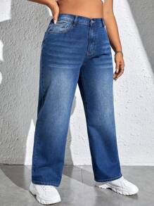 SHEIN EZwear 大碼高腰直筒牛仔褲 - 深色水洗藍 - 查看 3