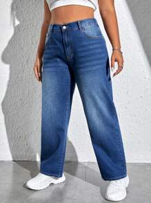 SHEIN EZwear 大碼高腰直筒牛仔褲 - 深色水洗藍 - 查看 4