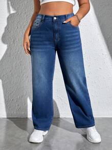 SHEIN EZwear 大碼高腰直筒牛仔褲 - 深色水洗藍 - 查看 5