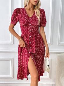 SHEIN Frenchy 紙屑愛心圖案泡泡袖前紐扣連衣裙 - 紅色 - 查看 1