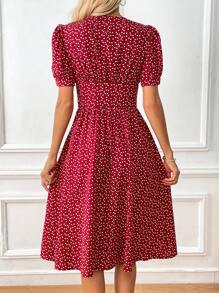 SHEIN Frenchy 紙屑愛心圖案泡泡袖前紐扣連衣裙 - 紅色 - 查看 2