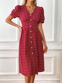 SHEIN Frenchy 紙屑愛心圖案泡泡袖前紐扣連衣裙 - 紅色 - 查看 3