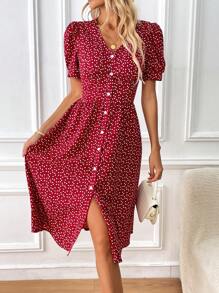 SHEIN Frenchy 紙屑愛心圖案泡泡袖前紐扣連衣裙 - 紅色 - 查看 4