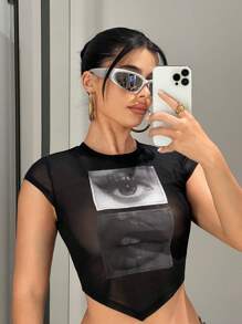 SHEIN ICON 人像圖案網紗上衣 - 黑色 - 查看 1