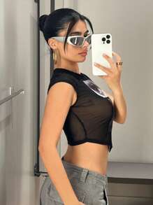 SHEIN ICON 人像圖案網紗上衣 - 黑色 - 查看 3