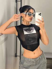 SHEIN ICON 人像圖案網紗上衣 - 黑色 - 查看 6