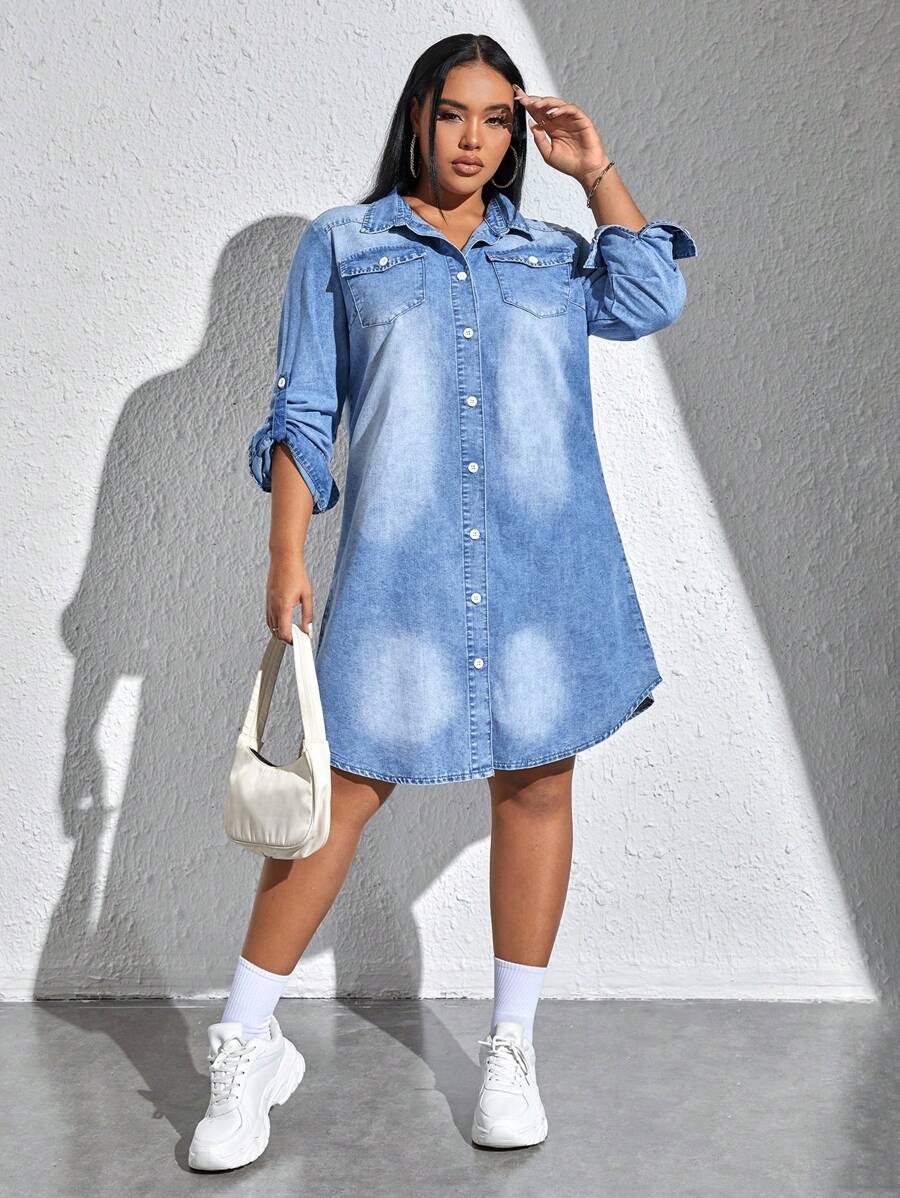 SHEIN EZwear Plus Flap Pocket Roll Tab Sleeve Denim Dress