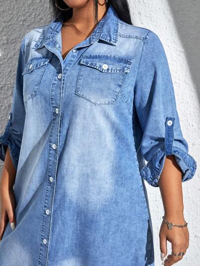 SHEIN EZwear Hơn Túi có nắp Tay áo cuộn Đầm Denim