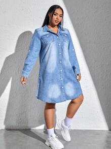 SHEIN EZwear Plus Flap Pocket Roll Tab Sleeve Denim Dress