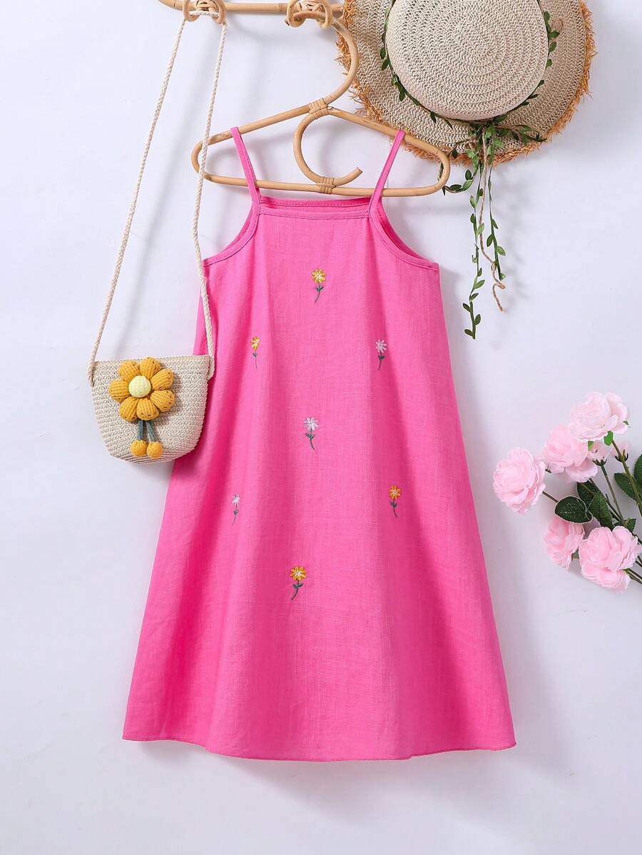 女小童花卉刺繡吊帶洋裝 - 玫紅色 - 查看 1