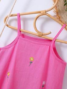 女小童花卉刺繡吊帶洋裝 - 玫紅色 - 查看 3