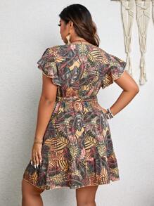 SHEIN Holidaya Plus Tropical Print Butterfly Sleeve Ruffle Hem Belted Dress - Multicolor - View 2