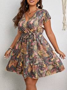 SHEIN Holidaya Plus Tropical Print Butterfly Sleeve Ruffle Hem Belted Dress - Multicolor - View 3