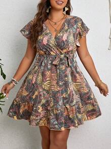 SHEIN Holidaya Plus Tropical Print Butterfly Sleeve Ruffle Hem Belted Dress - Multicolor - View 4