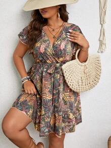 SHEIN Holidaya Plus Tropical Print Butterfly Sleeve Ruffle Hem Belted Dress - Multicolor - View 5