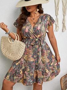 SHEIN Holidaya Plus Tropical Print Butterfly Sleeve Ruffle Hem Belted Dress - Multicolor - View 7