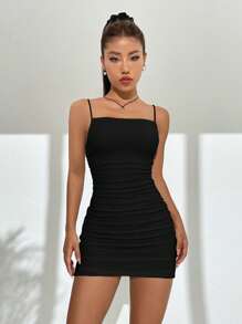SHEIN EZwear Solid Ruched Bodycon Dress - Black - View 4