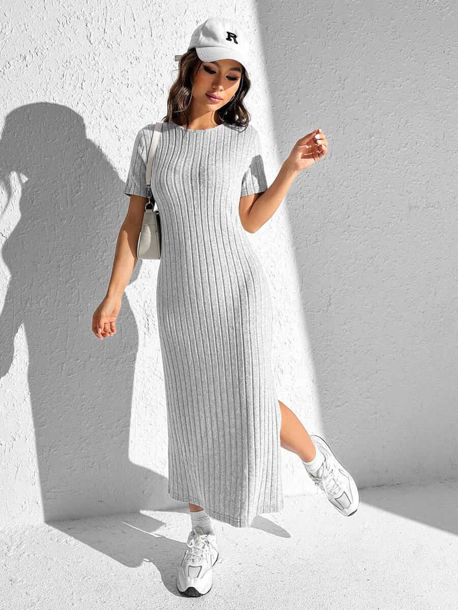 SHEIN EZwear Vestido de punto acanalado de un solo color con abertura en el muslo para el verano - Gris Claro - Ver 1