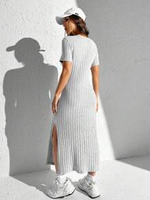 SHEIN EZwear Vestido de punto acanalado de un solo color con abertura en el muslo para el verano - Gris Claro - Ver 2