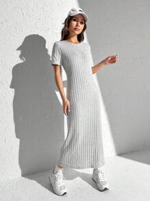 SHEIN EZwear Vestido de punto acanalado de un solo color con abertura en el muslo para el verano - Gris Claro - Ver 5