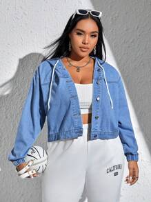 SHEIN EZwear Plus Drop Shoulder Drawstring Hooded Denim Jacket - Light Wash - View 1