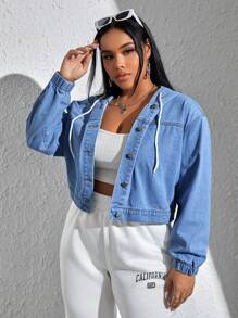 SHEIN EZwear Plus Drop Shoulder Drawstring Hooded Denim Jacket - Light Wash - View 4