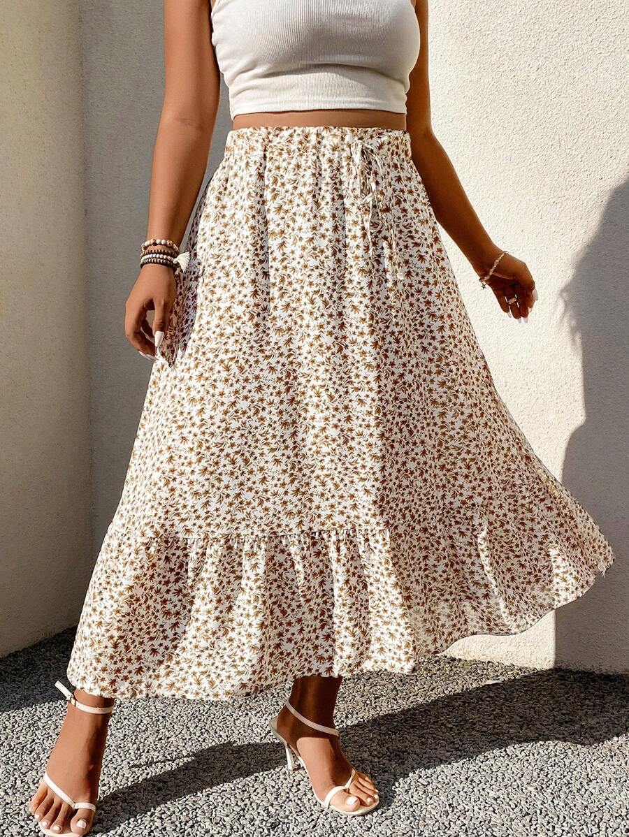 SHEIN Holidaya 大碼碎花荷葉邊半身裙 - 白色 - 查看 1