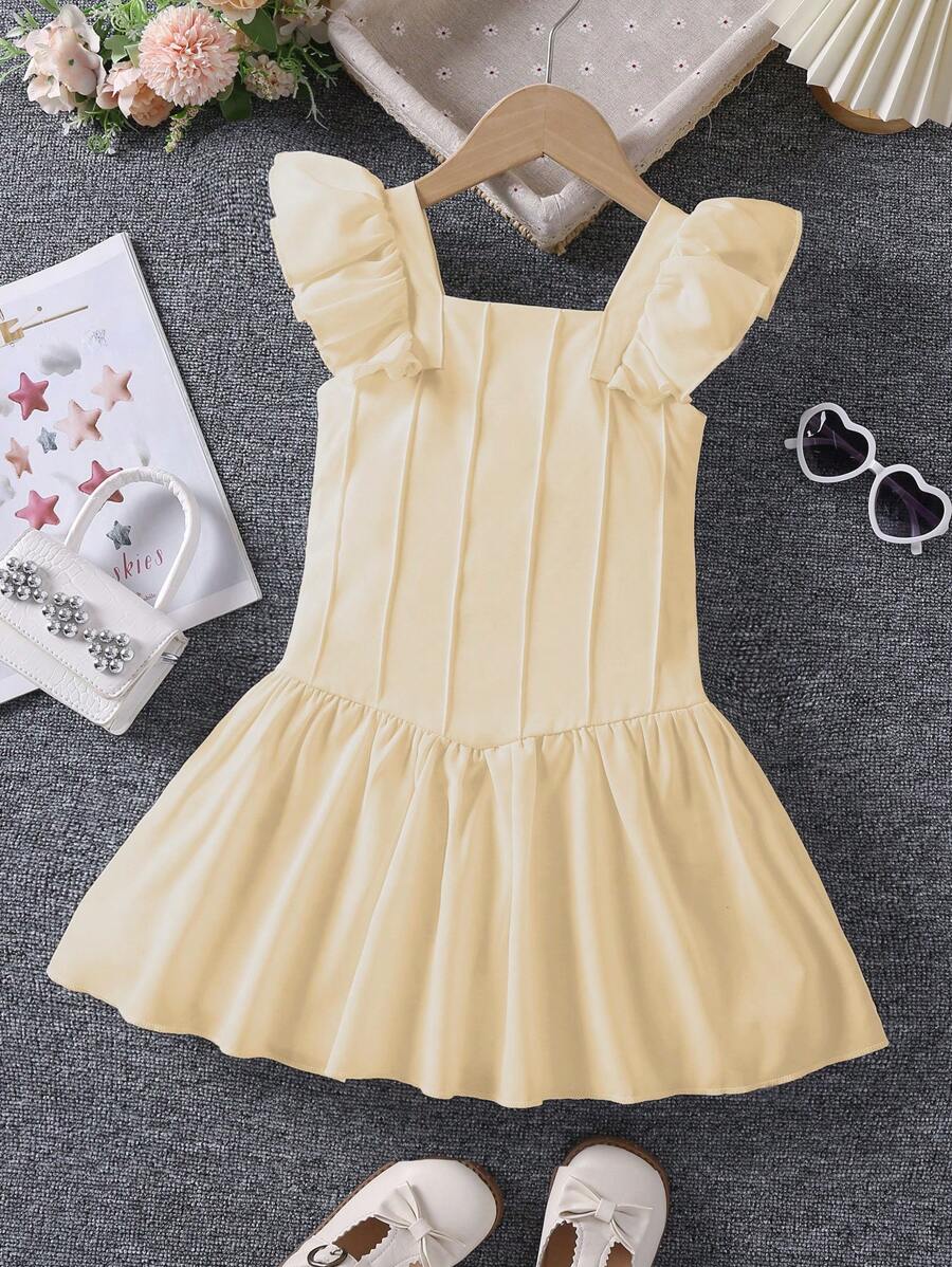 Cô Gái Trẻ Chất rắn Viền Ruffle Đầm - Màu be - Xem 1