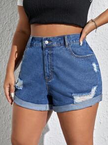 SHEIN EZwear 大碼高腰破洞卷邊牛仔短褲 - 中等水洗藍 - 查看 1