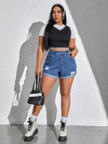 SHEIN EZwear 大碼高腰破洞卷邊牛仔短褲 - 中等水洗藍 - 查看 3