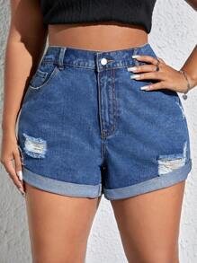 SHEIN EZwear 大碼高腰破洞卷邊牛仔短褲 - 中等水洗藍 - 查看 5